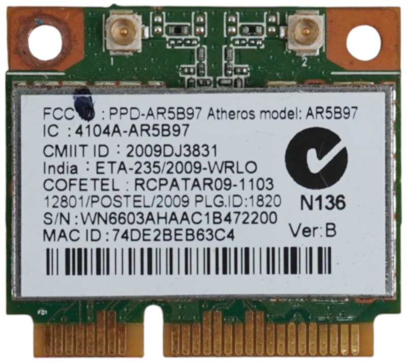 Wi-Fi модуль для ноутбука, Qualcomm, AR5B97, Mini PCIe