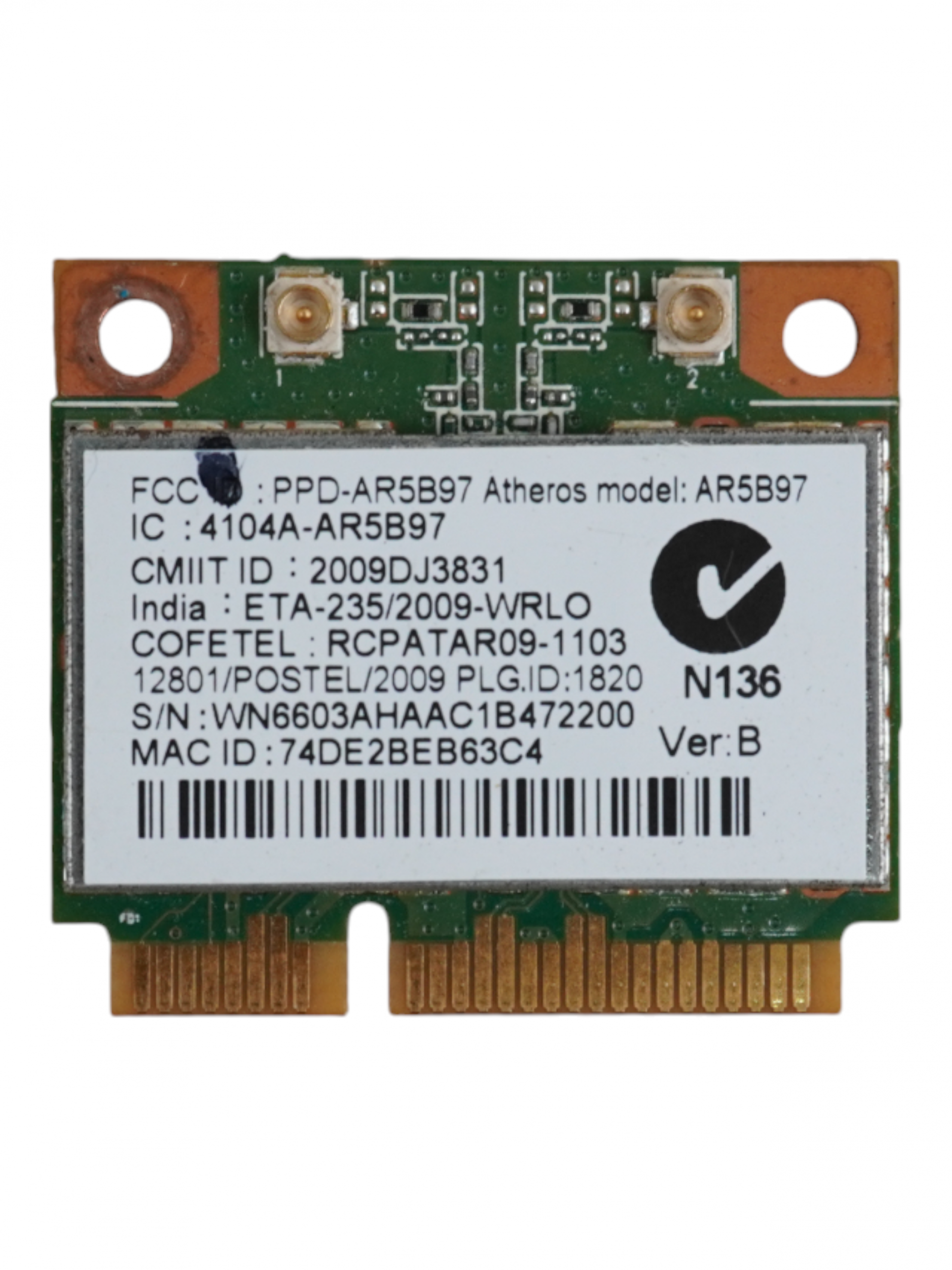 Wi-Fi модуль для ноутбука, Qualcomm, AR5B97, Mini PCIe