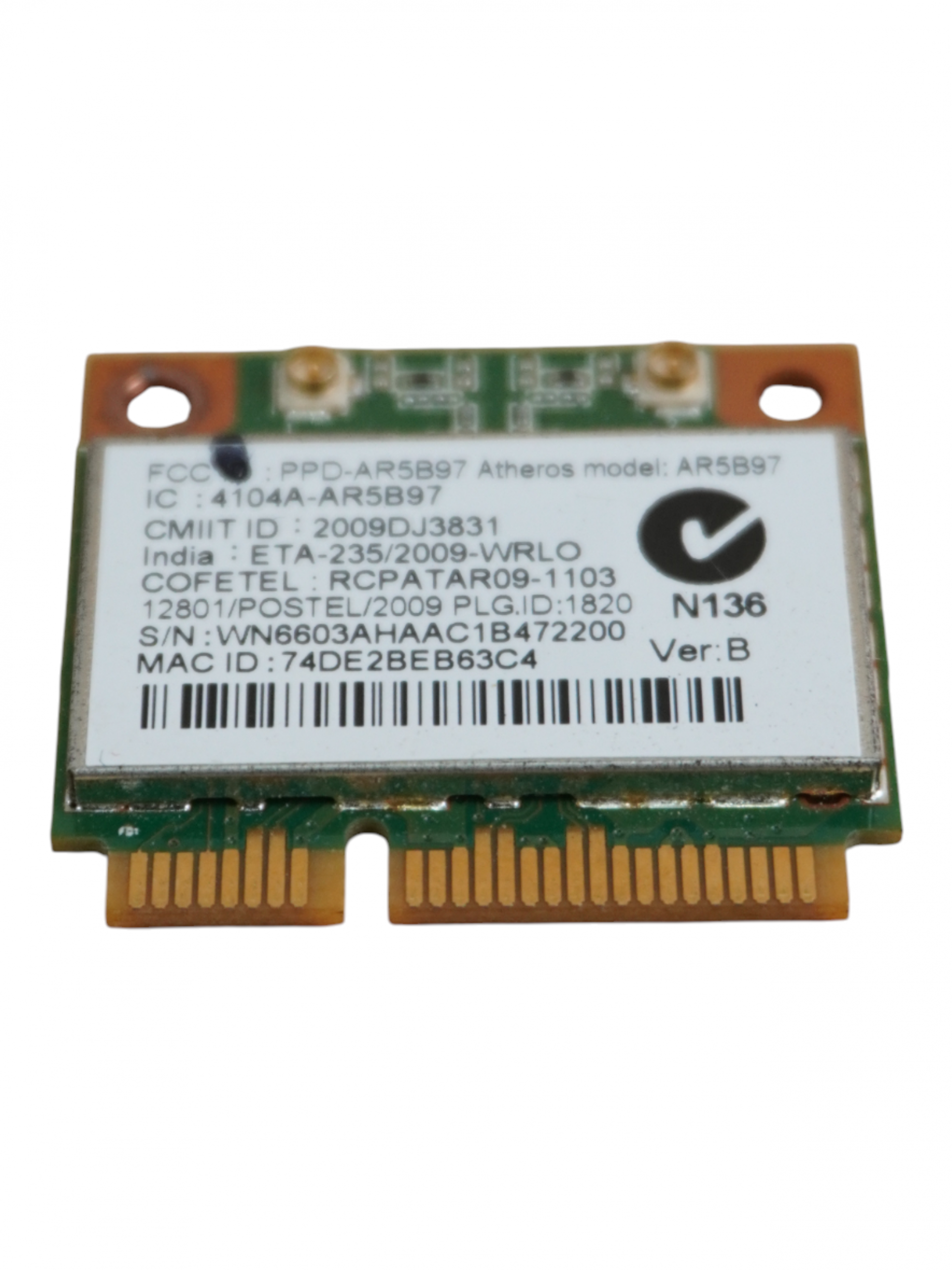 Wi-Fi модуль для ноутбука, Qualcomm, AR5B97, Mini PCIe